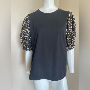Who What Wear Black Blouse Flower Print Puffy Statement Sleeves Size XL